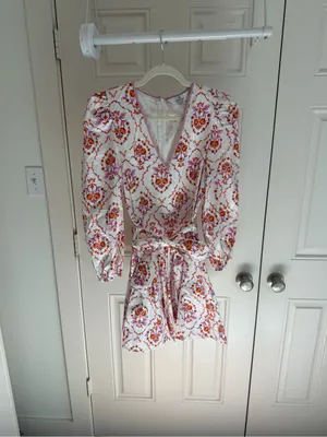 LaRoque Floral V-Neck Dress in White with Pink & Orange Print | Printed thumbnail 4