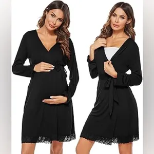 Kimono Robes Long Sleeve Sleepwear Lightweight Loungewear with Lace Trim thumbnail 3