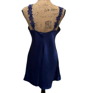 Vintage 90s Royal Blue Mini Slip Dress Floral Strap Satin Sexy Date Night Medium thumbnail 4