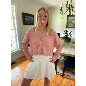 American Eagle Pink Ribbed Cropped Cardigan Sweater Women's XL thumbnail 2