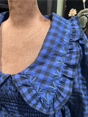 MANGO Blue & Black Gingham Smocked Babydoll Dress – Size 2 thumbnail 3