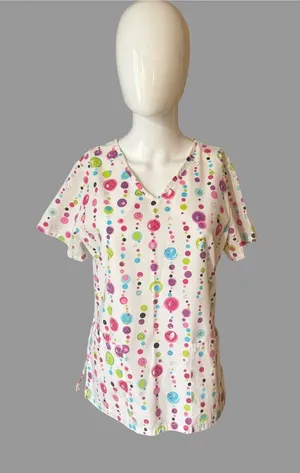 SB Scrubs White V-Neck Short Sleeve Top with Pink, Blue & Green Dot Print thumbnail 1