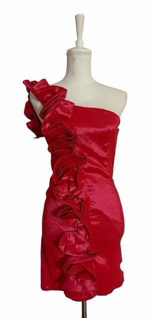 Arden B Dress One Shoulder Womens XS Extra Small Red Orange Rosette Stretch thumbnail 1