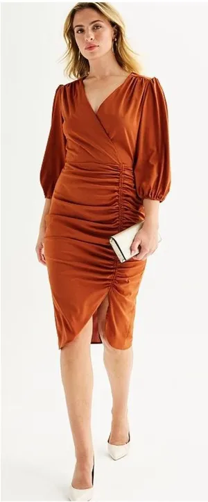 Rust Ruched Cocktail Midi Dress Puff Sleeve Wedding Guest Size 4 thumbnail 1
