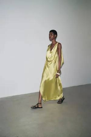 Zara maxi dress zwcollection satin flowy Sleeveless Lime evening party wedding thumbnail 12