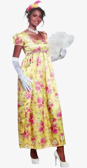 Regency Romance Yellow Gown Halloween Costume Empire Waist NEW thumbnail 1