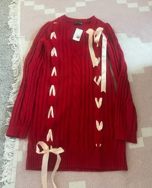 Midnight Doll Red Baby Pink Bow Coquette Open Knit Sweater Dress Winter Fall New thumbnail 1