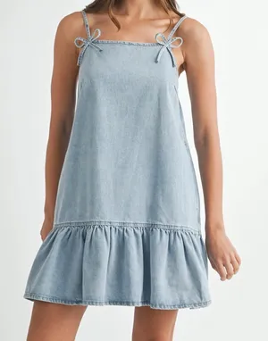 LE‎ LIS Chambray Mini Dress M Blue Cotton Tie Strap Ruffle Hem Sundress thumbnail 1