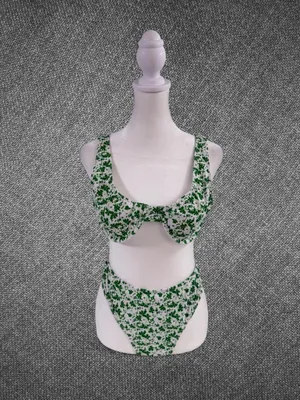 Green Floral Underwire Two Piece Bikini Set High Waisted Swimwear thumbnail 3