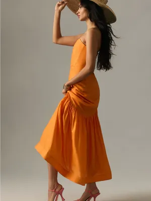 Anthropologie Let Me Be Strapless Asymmetrical Orange Dress thumbnail 3