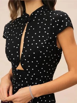 Rihoas Black Mandarin Collar Polka Dot Midi Dress thumbnail 2