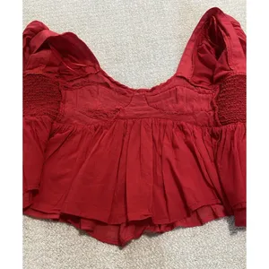 Sofie the label Red Puff Sleeve Smocked Ruffle Cropped Top Square Neck Size S thumbnail 14