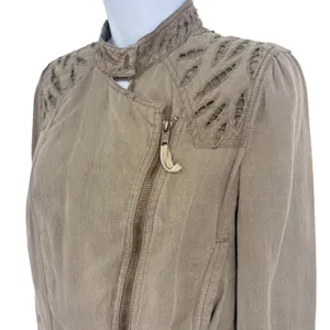 Free People Moto Jacket Women 4 Brown Olive Eyelet Embroidered Linen Cotton thumbnail 4
