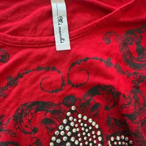 Y2K Gothic Rhinestone Fleur-de-Lis Mesh Sleeve Top ❤️ Red & Black Baroque | Mi Manchi Small thumbnail 7
