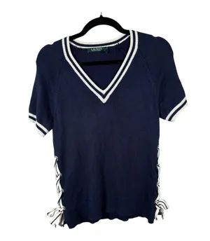 Lauren Ralph Lauren Blue Nautical Lace Up Knit Short Sleeve Shirt Women's Medium thumbnail 1