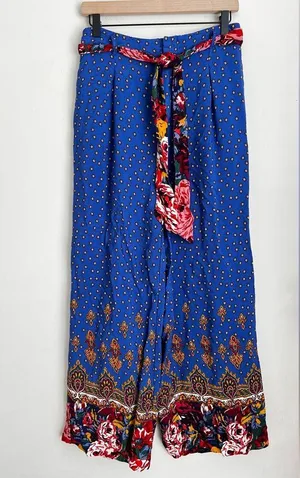 Anthropologie Ett Twa Printed Wide Leg Floral Pants Royal Blue 6 thumbnail 2