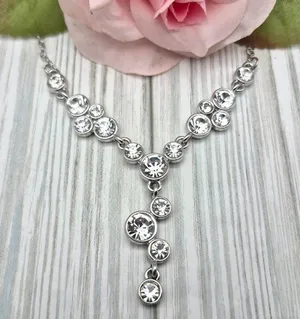 Crystal Y Drop Necklace Silver Tone Chain Formal Jewelry 19" thumbnail 1