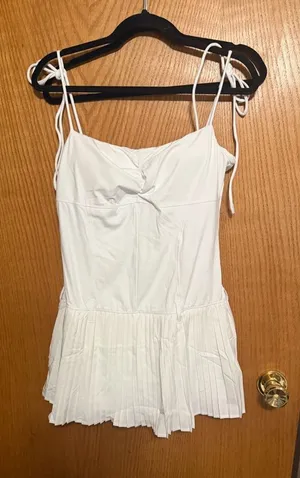 Halara NWT White Sleeveless Tie-Shoulder Pleated Mini dress with shorts thumbnail 1