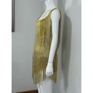 Women’s Yellow Gold Flapper Fringe Gypsy Mini Dress Low Back Party Dance Size S thumbnail 4