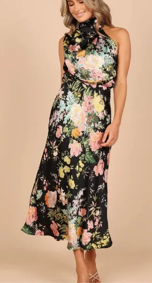 Petal & Pup Black Floral Halter Midi Dress with Pink and Yellow Blooms thumbnail 1