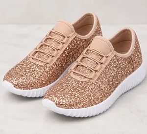 Women’s Rose Gold Glitter Slip-On Sneakers Elastic Lace Size 8 NWT thumbnail 1