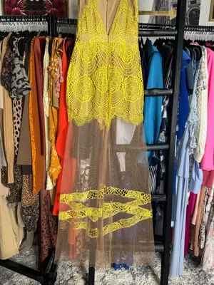For Love Lemons Antigua Maxi Dress Chartreuse Lace Mesh Sheer Overlay Womens XS thumbnail 7