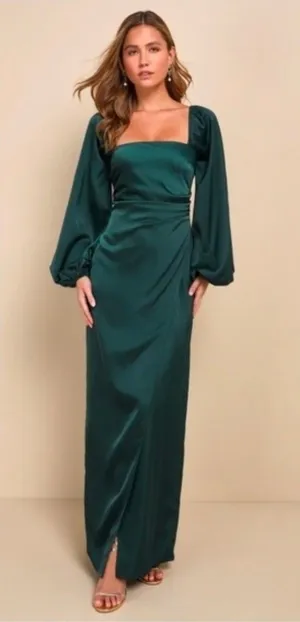 Lulu's Eternal Heart Emerald Green Satin Long Sleeve Maxi Dress thumbnail 1
