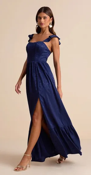 Lulu's Arlaith Navy Jacquard Lace-Up Corset Maxi Dress NWT XL thumbnail 1