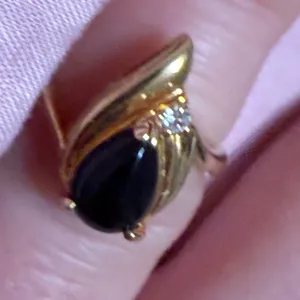Vintage Gold Tone Pear Cut Black Onyx Bypass Ring with Clear Accent Stone thumbnail 2