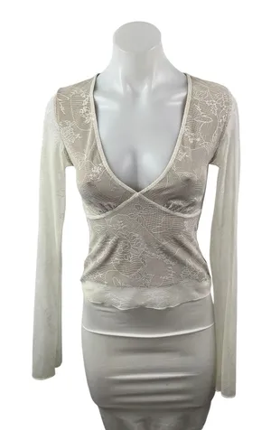 I.AM.GIA Yvette Womens Sheer Mesh Floral Lace V Neck Long Sleeve Blouse Top Sz S thumbnail 1