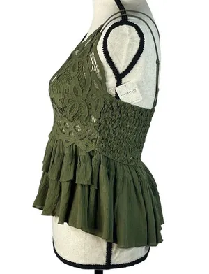 Free People Intimately Medium Adella Cami Top Olive Sparrow Ruffled Crochet Lace thumbnail 8
