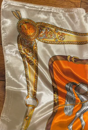 VINTAGE Equestrian ivory/ORANGE Horses&Tassels Print silky Scarf 35’/35’ thumbnail 6