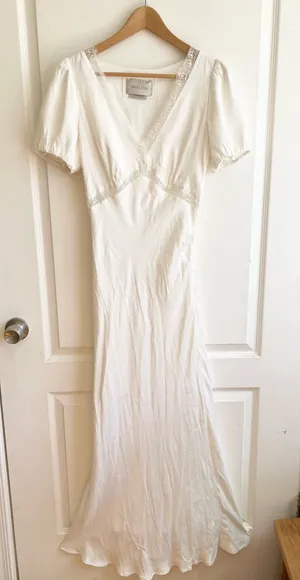 BHLDN Bridal Satin Lace-Trimmed Short-Sleeve V-Neck Slip Dress Size XS thumbnail 1