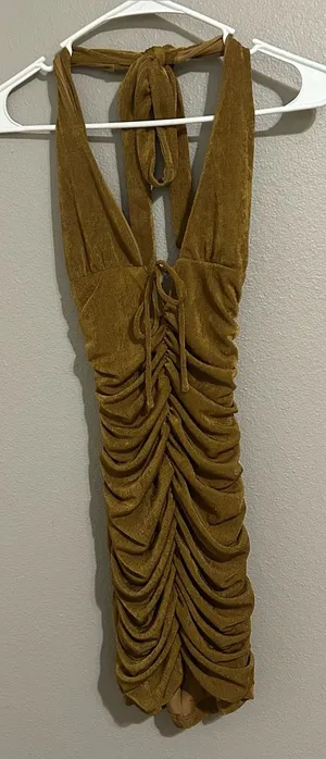 Hello Molly Brown Ruched V Neck Backless Halter Bodycon Dress Women’s Size XS 2 thumbnail 1