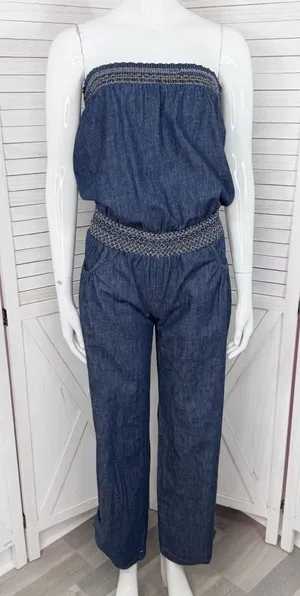 Poetry‎ Boho Smocked Strapless Wide Leg Chambray Jumpsuit Denim Blue Small thumbnail 1
