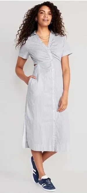 Old Navy Blue White Striped Cut Out Midi Shirt Dress Preppy 100% Cotton S thumbnail 1