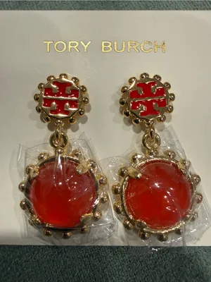 Tory Burch | Red/Orange Gold Plated Drop Logo Earrings thumbnail 2