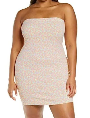 New Floral Print Knit Tube Dress Strapless Mini Green Pink thumbnail 1