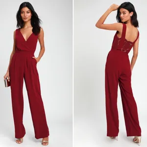 LULU's Sexy Elegant Chic Lace Minimalistic Wedding Burgundy Wide Leg Jumpsuit thumbnail 2