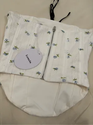Loucia White Blue Floral Pointelle Corset Tube Top Lace Trim Size S NWT thumbnail 5