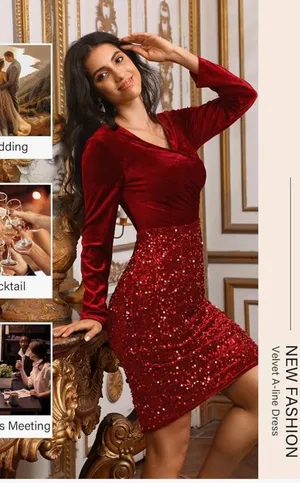 NEW Velvet Sequin V Neck Long Sleeve Winter Dress Holiday Christmas Dress S thumbnail 6