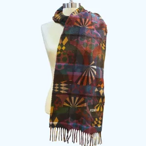 FENDI Multicolor Geometric Abstract Scarf Embroidered Logo Fringe Bohemian Fall thumbnail 2
