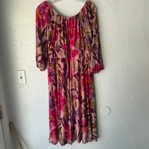 Kathy Ireland Floral Boho Midi Dress Pink Purple Tassel‎ Tie Waist Size L Resort thumbnail 7