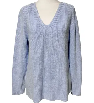 J Crew Cotton V-Neck Vented Hem Tunic Sweater AV009 Light Blue Size Medium thumbnail 1