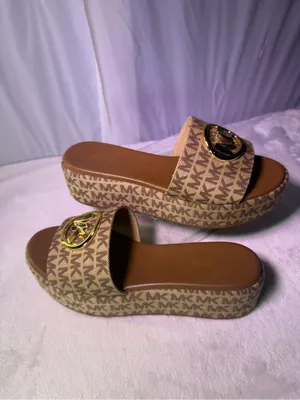 MICHAEL Michael Kors Brown Monogram Platform Slide Sandals with Gold Logo thumbnail 2