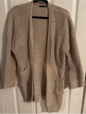 SHEIN Taupe Open-Front Chunky Knit Cardigan with Pockets thumbnail 1