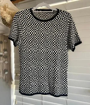 Vintage mod Liz Claiborne Black & White Checkerboard Knit Top Size Small thumbnail 1
