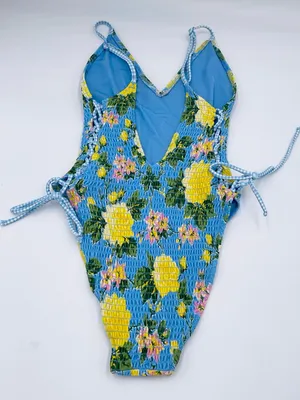 Aerie Smocked Plunge One Piece Swimsuit Size Small Blue Yellow Floral Beachy thumbnail 13