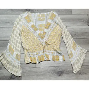 Free People Boho Peplum Top Mustard Floral Long Sleeve V-Neck" Sz S/P thumbnail 3