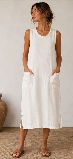 🤍 Raquel Allegra Style Gauze Pocket Midi Dress Sleeveless Raw Hem Small‎ 🤍 thumbnail 1